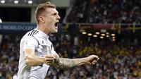 Gelandang timnas Jerman, Toni Kroos, merayakan gol yang dicetaknya ke gawang Swedia pada matchday kedua Grup F Piala Dunia 2018 di Fisht Olympic Stadium, Sochi, Selasa (23/6/2018).  (AP Photo/Frank Augstein)