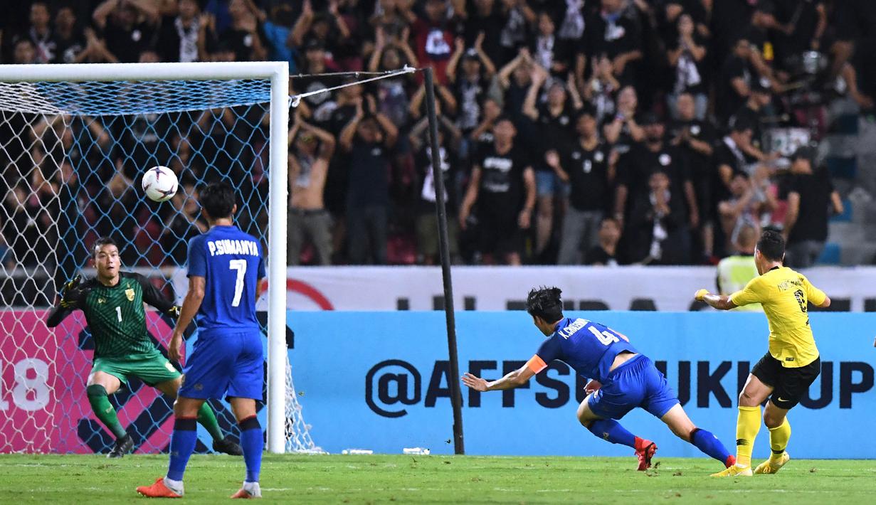 Penjaga gawang andalan Thailand itu mengalami cedera setelah salah mendarat saat melompat ketika memotong umpan terobosan pemain Vietnam. (AFP/ Lillian Suwanrumha)