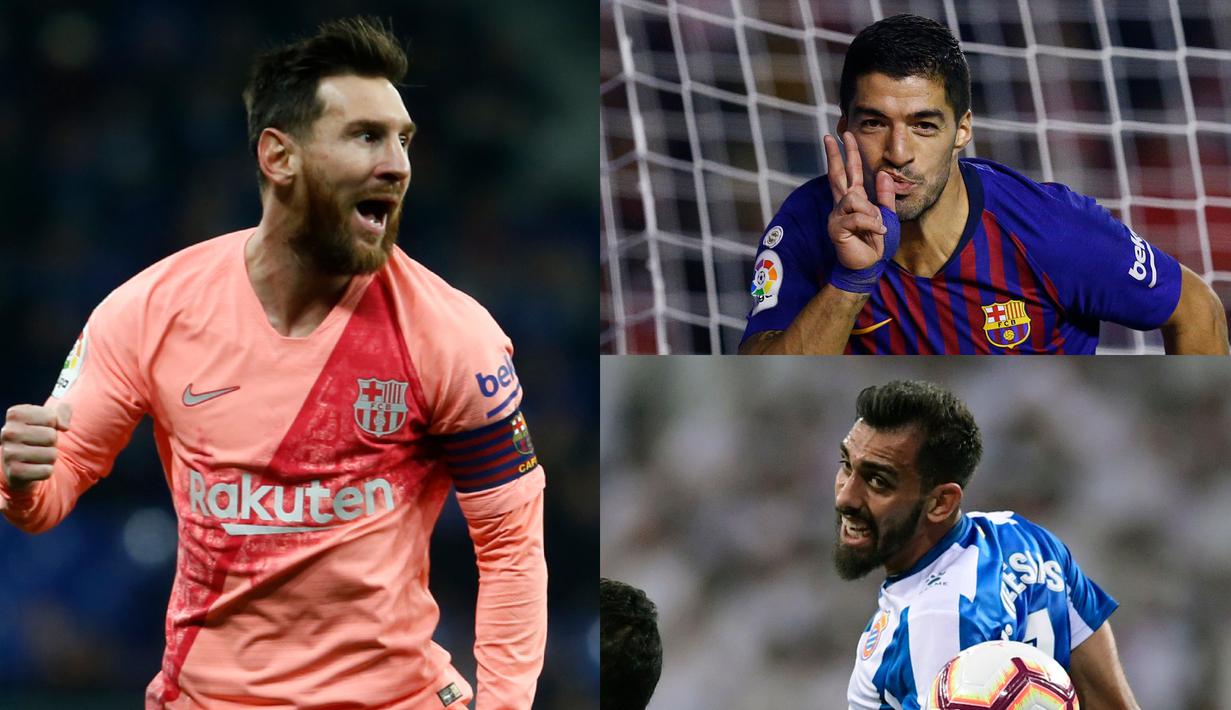 Lionel Messi kembali puncaki daftar top scorer La Liga hingga pekan ke-15. Raihan tersebut diraih usai Messi berhasil mencetak dua gol saat mengantarkan Barcelona meraih kemenangan kontra Espanyol. (Kolase Foto AFP)