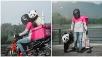 Aksi viral driver ojek online ini bawa panda di hari terakhirnya bekerja. (Sumber: siakapkeli)