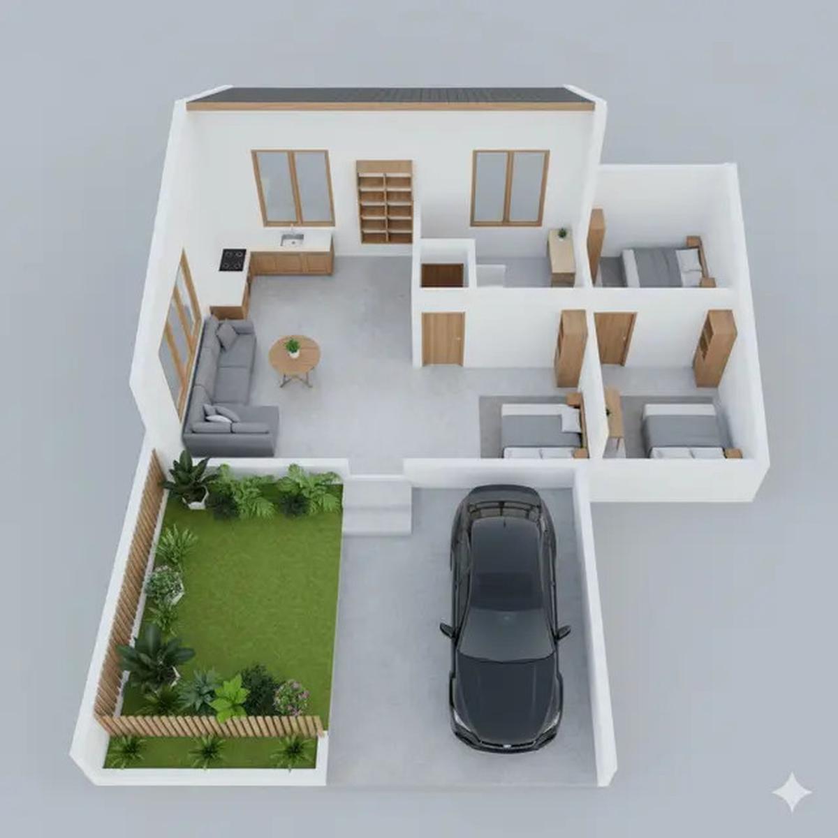 10 Denah Rumah Tipe 36 dengan Carport dan Taman Depan, Minimalis Modern