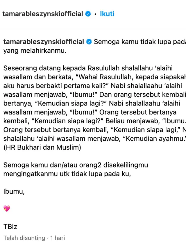 Unggahan Tamara Bleszynski. (Foto: Dok. Instagram @tamarableszynskiofficial)