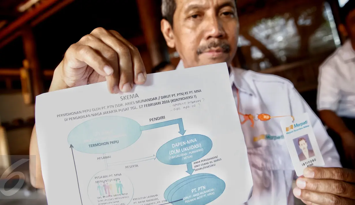 Sugiarto Kuasa Tim Penuntut HK Merpati (kiri) saat memberikan penjelasan terkait kasus pailit Merpati di Jakarta, (3/2). Para mantan pegawai Merpati menuntut hak-hak Normatif (H2N) seperti gaji, pesangon dan lain-lain. (Liputan6.com/Faizal Fanani)