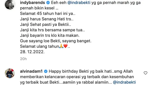 Doa Indy Barends untuk Indra Bekti. (Foto: Dok. Instagram @indybarends)