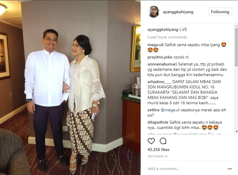 Tak selamanya kebaya membuat gaya terlihat tua, intip ispirasi kebaya ala Kahiyang Ayu yang membuat gaya Anda semakin anggun dan modern. (Foto: Instagram/ ayanggkahiyang)