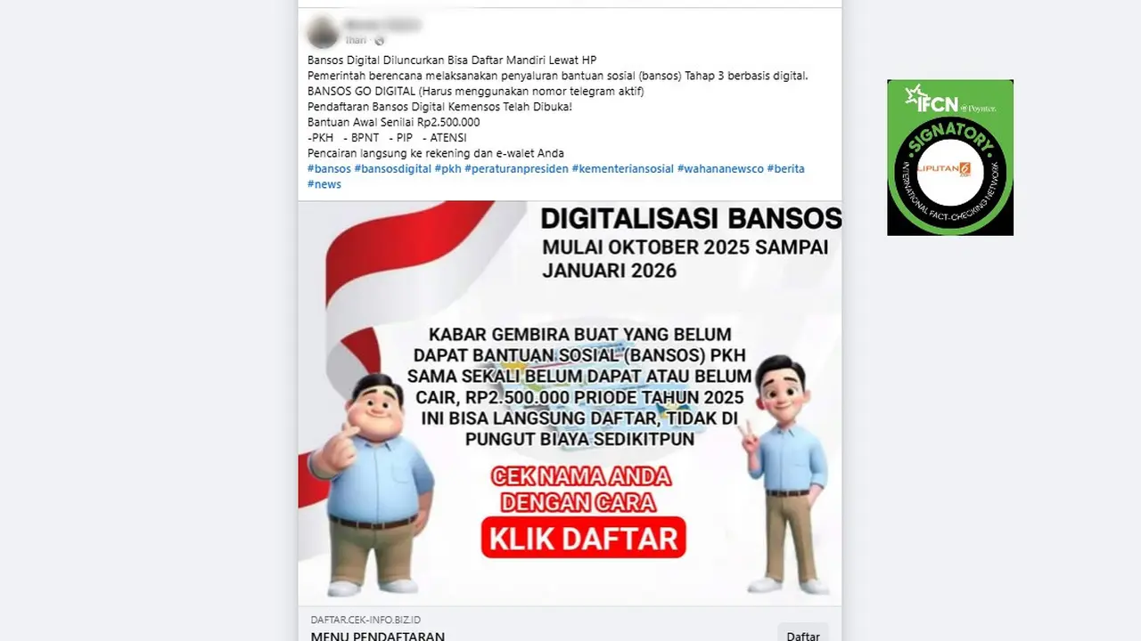 Tangkapan layar klaim tautan pendaftaran bansos digital yang beredar di Facebook.