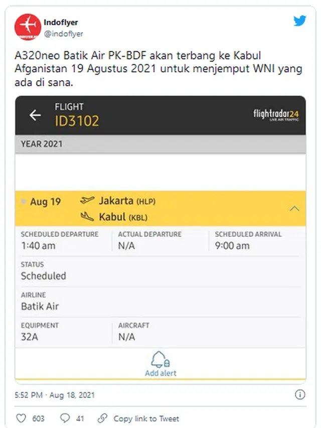 Tangkapan layar akun twitter @indoflyer soal penerbangan Batik Air.