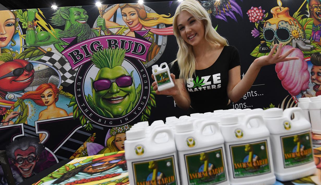 Haley Hudson mempromosikan pupuk untuk menanam ganja di stan pameran Kongres Ganja Internasional di LA, California (27/9). Kongres menyatukan visi antara pemasok, investor, medis, regulator pemerintah, hukum, dan pengusaha. (AFP Photo / Mark Ralston)