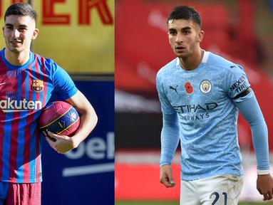 Ferran Torres resmi diperkenalkan sebagai penggawa baru Barcelona pada Senin (03/01/2022), usai merampungkan transfernya dari Manchester City. (AFP/Pau Barrena dan Rui Vierra)