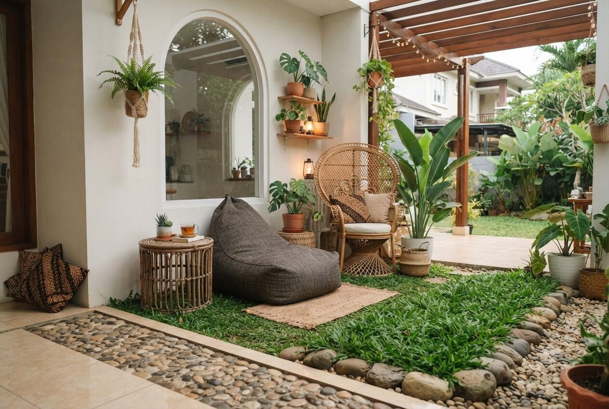 Model Teras dengan Kombinasi Batu Alam dan Rumput Gajah Mini