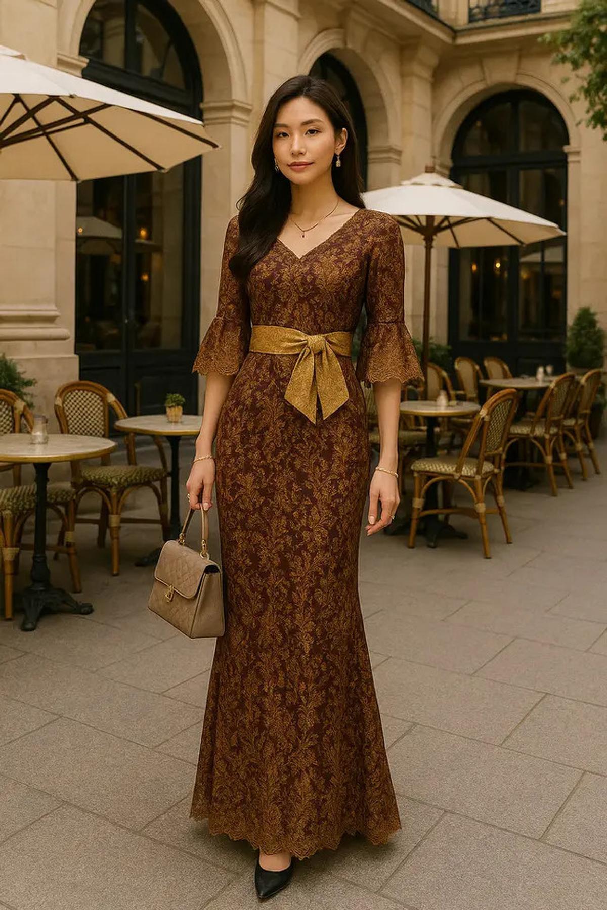 7 Pilihan Long Dress Batik Brokat Lengan Trompet, Mewah &amp; Unik untuk Acara Formal 2025
