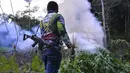 Personel kepolisian memusnahkan ladang ganja di kawasan hutan Montasik, Aceh Besar, Aceh, Rabu (6/3/2019). Polisi melakukan pemusnahan ribuan batang tanaman ganja dengan cara dicabut kemudian dibakar. (CHAIDEER MAHYUDDIN / AFP)