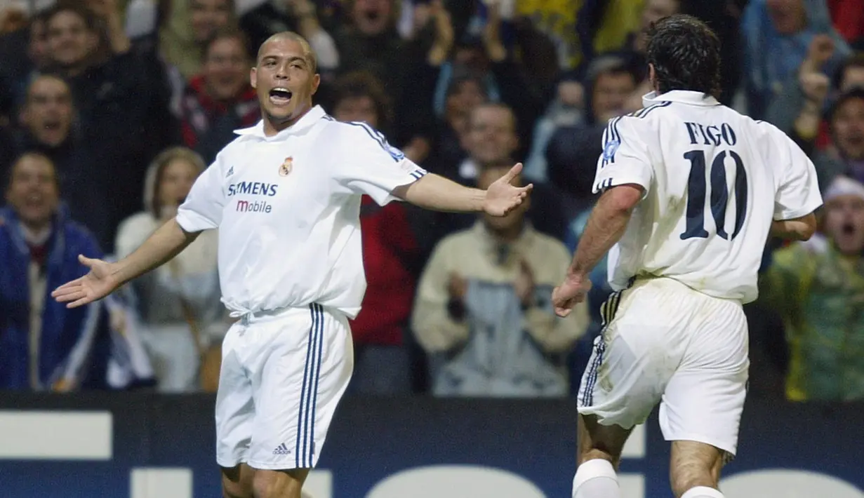 Ronaldo Luis Nazario da Lima memperkuat Real Madrid pada tahun 2002-2007. Peraih tiga gelar Pemain Terbaik Dunia ini mempersembahkan gelar La Liga, Piala Interkontinental, dan Piala Super Spanyol. (AFP/Christophe Simon)