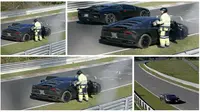 Salah satu mobil dari model Lamborghini Huracan LP 610-4 yang mengikuti test drive tiba-tiba berhenti dan menepi karena kehabisan bensin. 