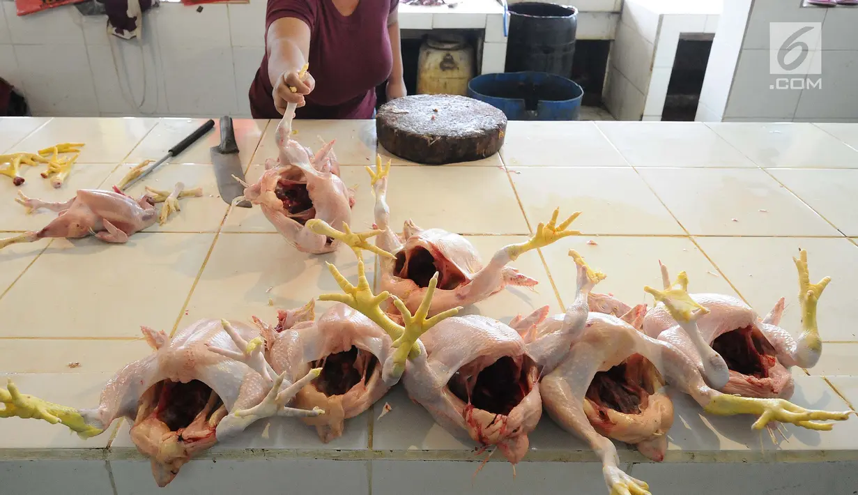 Pedagang menunjukkan ayam di pasar induk Kramat Jati, Jakarta, Jumat (26/4). Kementerian Perdagangan siap menjaga harga dan ketersediaan barang kebutuhan pokok menjelang Puasa dan Lebaran 2019. (Liputan6.com/Herman Zakharia)