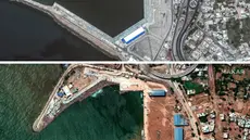 Kombinasi citra satelit dari Maxar Technologies ini menunjukkan fasilitas pelabuhan di Derna, Libya, pada 1 Juli 2023, teratas, dan wilayah yang terkena dampak banjir yang sama pada Rabu, 13 September 2023. Kehancuran terjadi di Derna dan wilayah lain di Libya timur pada Minggu malam, 10 September 2023. (Satellite image &copy;2023 Maxar Technologies via AP)