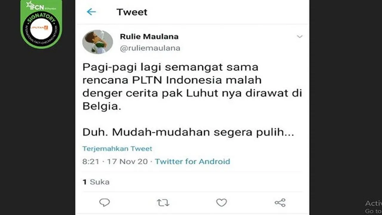 Gambar Tangkapan Layar Kabar Hoaks tentang Menko Luhut Dirawat di Belgia (sumber: Twitter)