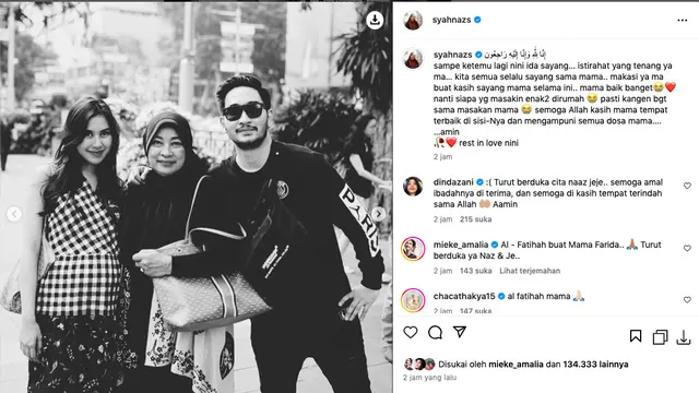 Syahnaz Sadiqah Ucapkan Kalimat Perpisahan Penuh Duka untuk Ibunda Jeje Govinda: Terima Kasih untuk Kasih Sayang Mama Selama Ini. (instagram.com/syahnazs)