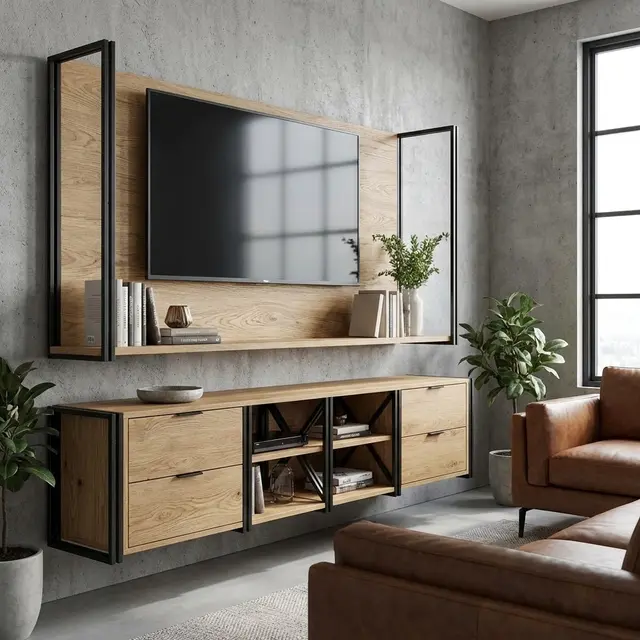 Rak TV Dinding Desain Industrial dengan Perpaduan Besi dan Kayu