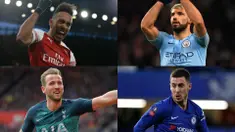 Pierre-Emerick Aubameyang mulai mendekati Sergio Aguero sebagai pencetak gol terbanyak Premier League hingga pekan ke-30. Aubamyeang berada di peringkat tiga selisih satu gol dengan Aguero di puncak (Kolase Foto AFP)
