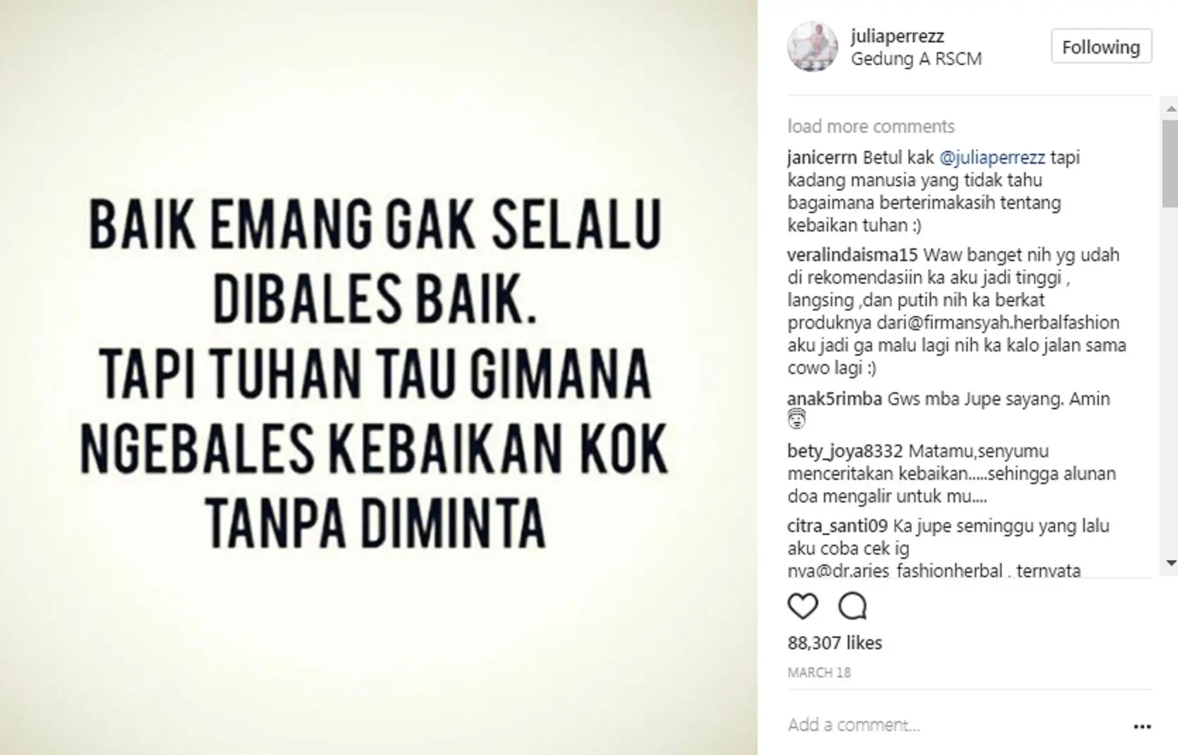 Julia Perez berharap agar berbuat kebaikan itu jangan sampai ditunda-tunda. (Instagram @juliaperrezz)