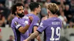 Pemain Liverpool Mohamed Salah (kiri) melakukan selebrasi usai mencetak gol ke gawang LASK pada pertandingan sepak bola Grup E Liga Europa di Linz, Austria, Kamis (21/9/2023). Liverpool menang 3-1. (AP Photo/Matthias Schrader)
