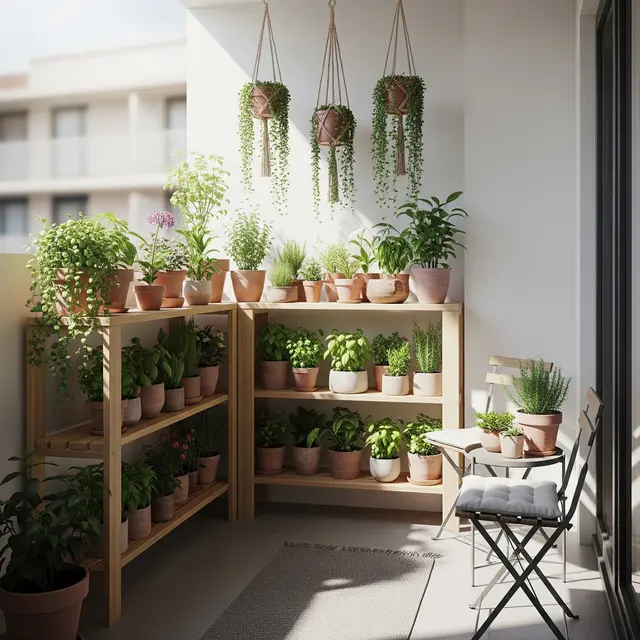 Desain Teras Sempit 2x2 Meter Jadi Kebun Mini Pakai Pot Bertingkat (AI)