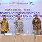 Wakil Menteri BUMN II, Kartika Wirjoatmodjo (tengah) bersama jajaran Direktur Utama Pelindo I,II,III, IV dan Direktur Operasi dan Komersial saat jumpa pers Rancangan Penggabungan PT Pelabuhan Indonesia I,II,III, dan IV, di Jakarta, Rabu (01/09/2021). (Liputan6.com/HO/Pelindo)