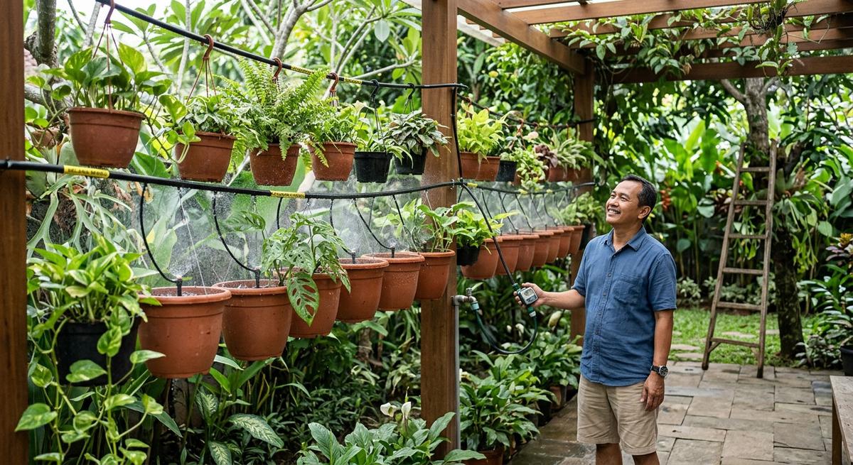Pasang Selang Mikro di Sepanjang Deretan Pot (AI Generated)