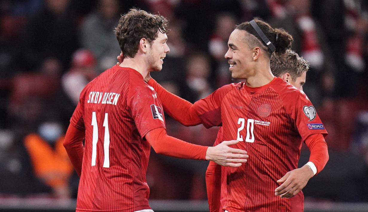 Denmark - Yussuf Poulsen dkk menjadi negara kedua yang mampu memastikan satu tiket ke Piala Dunia 2022. Tim Dinamit berhasil menyelesaikan delapan pertandingan di babak kualifikasi Piala Dunia dengan menyapu bersih kemenangan. (AFP/Liselotte Sabroe)