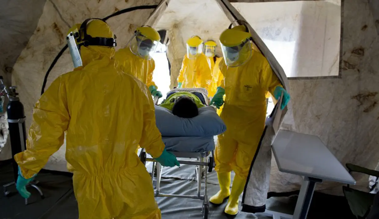 Tim medis mengevakuasi pasien terduga virus Ebola di Lapangan Monas, Jakarta, 12 November 2014. Dalam rangka Hari Peringatan Kesehatan Nasional, Kemenkes menggelar simulasi penanganan dan pencegahan masuknya Ebola ke Indonesia. (AFP PHOTO/ROMEO GACAD)