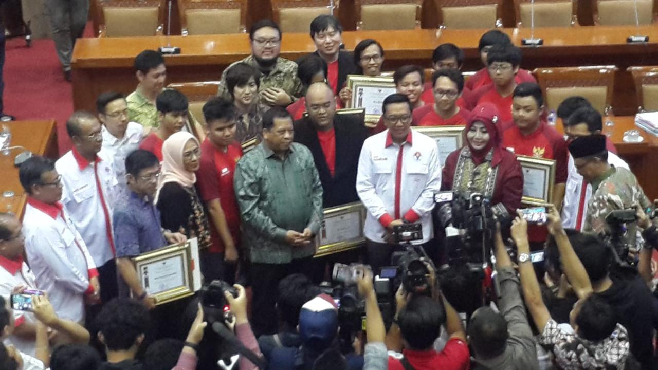 Kontingen e-sports Indonesia di Asian Games 2018 diterima oleh Komisi X DPR dan Menpora di Kantor DPR Gedung Nusantara I, Kamis (6/9/2018).
