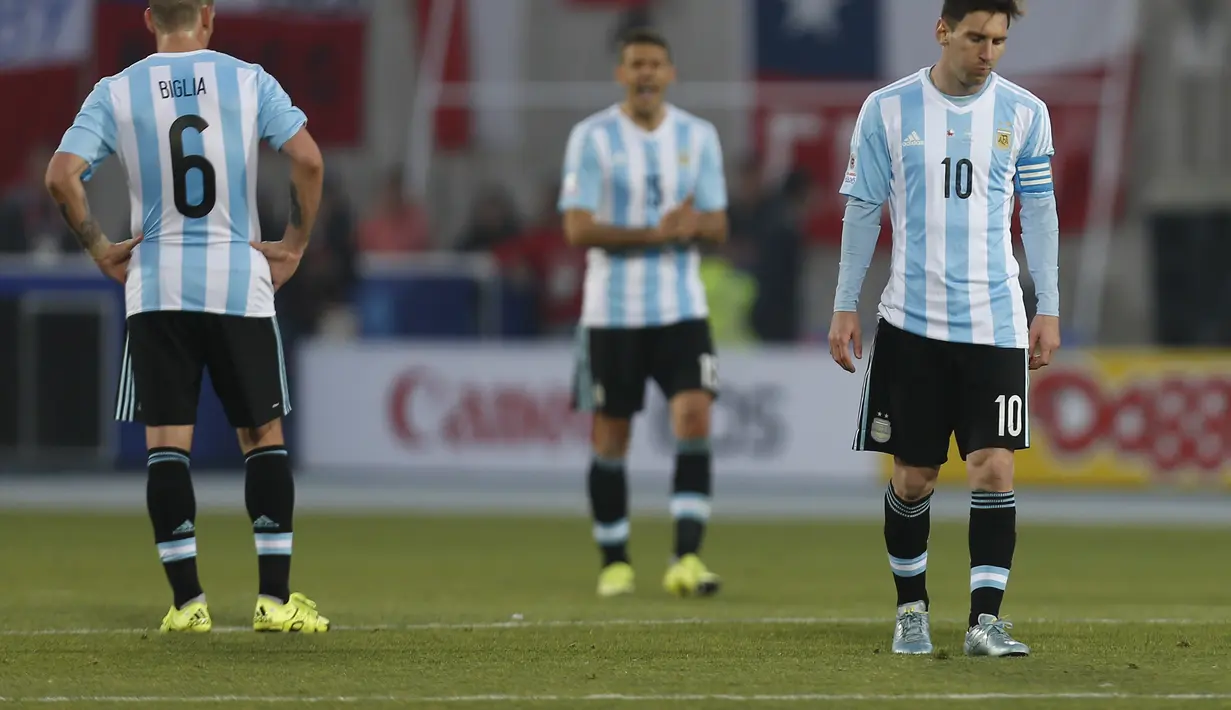 Ekspresi Lionel Messi saat Final Copa America 2015. (AP Photo/Luis Hidalgo)