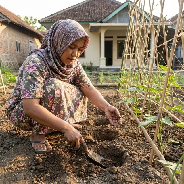 Menanam biji kacang panjang di tanah