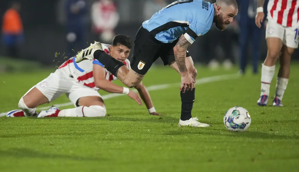 Berkat hasil ini Uruguay menempati peringkat kedua klasemen kualifikasi Piala Dunia 2026 zona CONMEBOL dengan koleksi 14 poin dari 7 laga.  (AP Photo/Matilde Campodonico)