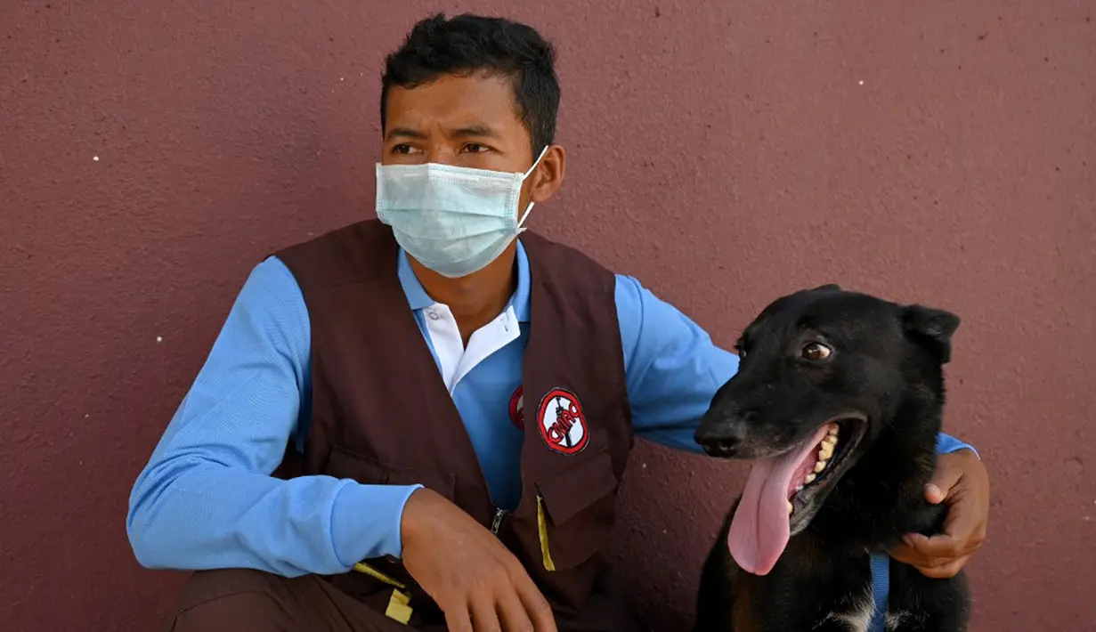 Pelatih Khom Sokly duduk dengan seekor anjing yang dilatih untuk mendeteksi virus corona COVID-19 usai sesi pelatihan di Pusat Aksi Ranjau Kamboja, Provinsi Kampong Chhnang, Kamboja, 27 September 2021. Otoritas antiranjau darat Kamboja melatih anjing untuk mendeteksi COVID-19. (TANG CHHIN SOTHY/AFP)