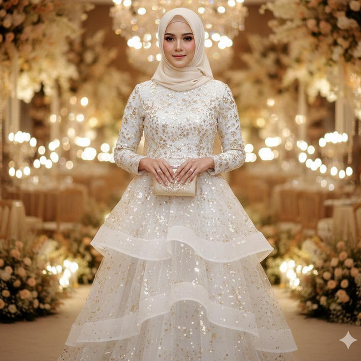 7 Model Gamis Cloud Dancer Kombinasi Gold untuk Kondangan Glamor, Tampil Mewah Tanpa Berlebihan