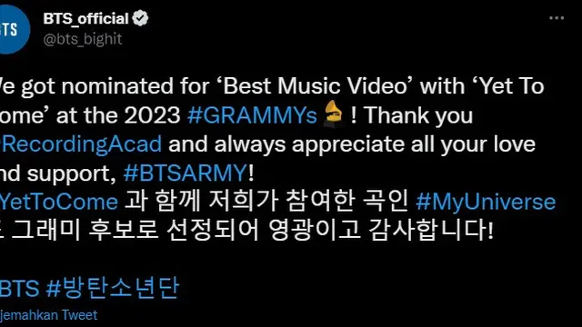 BTS Ucapkan Terima Kasih kepada Penggemar untuk nominasi Grammy Awards 2023