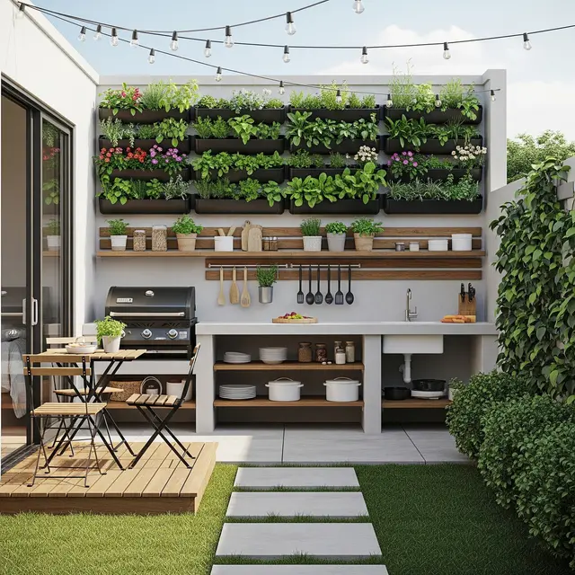 Desain Halaman Belakang Rumah Kecil Sederhana dengan Dapur