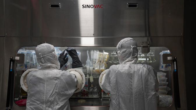 Pekerja berada di laboratorium vaksin SinoVac di Beijing, Kamis (24/9/2020). Perusahaan farmasi China, Sinovac mengatakan vaksin virus corona yang dikembangkannya akan siap didistribusikan ke seluruh dunia, termasuk AS, pada awal 2021. (AP Photo/Ng Han Guan)