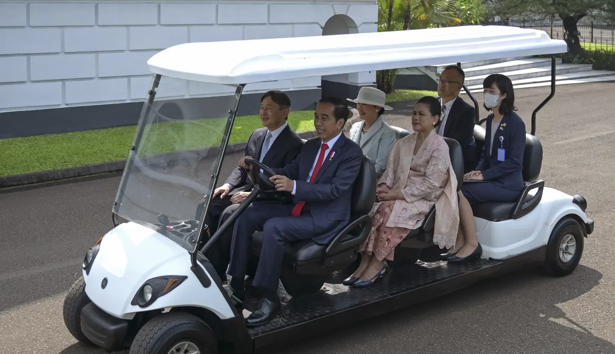 Jokowi menjadi supir mobil golf yang ditumpangi Kaisar Jepang, bersama Masako, Iriana, dan dua penerjemah saat berkeliling menuju Kebun Raya Bogor. (Bay Ismoyo/Pool Photo via AP)