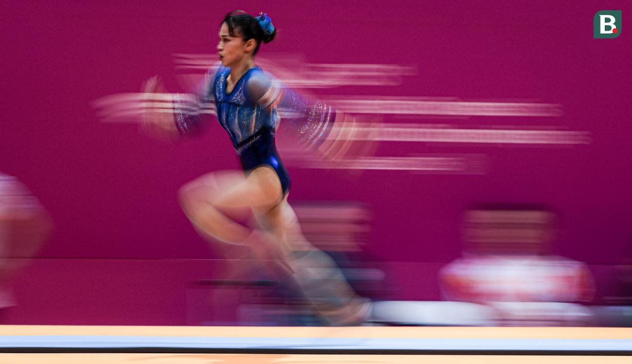 <p>Pesenam Jepang, Aiko Sugihara beraksi pada nomor meja lompat kategori All-Around putri Kejuaraan Dunia Gimnastik 2025 di Indonesia Arena, Senayan, Jakarta, Kamis (23/10/2025). (Bola.com/Bagaskara Lazuardi)</p>