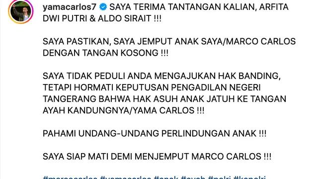 Unggahan Yama Carlos. (Foto: Dok. Instagram @yamacarlos7)