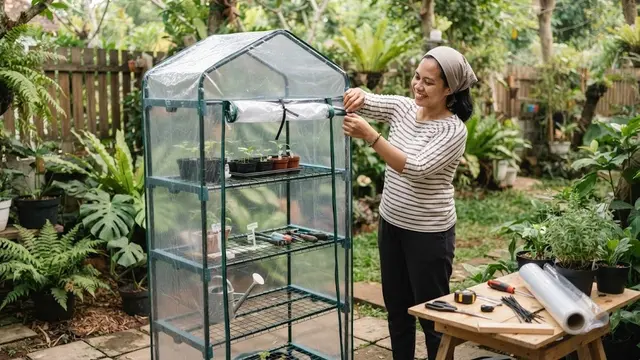 Memasang Rangka dan Penutup Greenhouse (AI Generated)