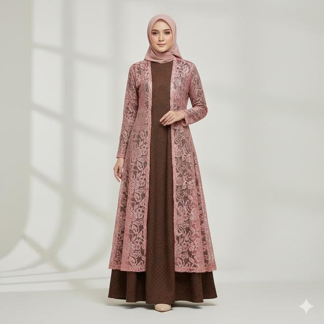 Gamis A-Line dengan Outer Panjang Brokat (Gemini AI)