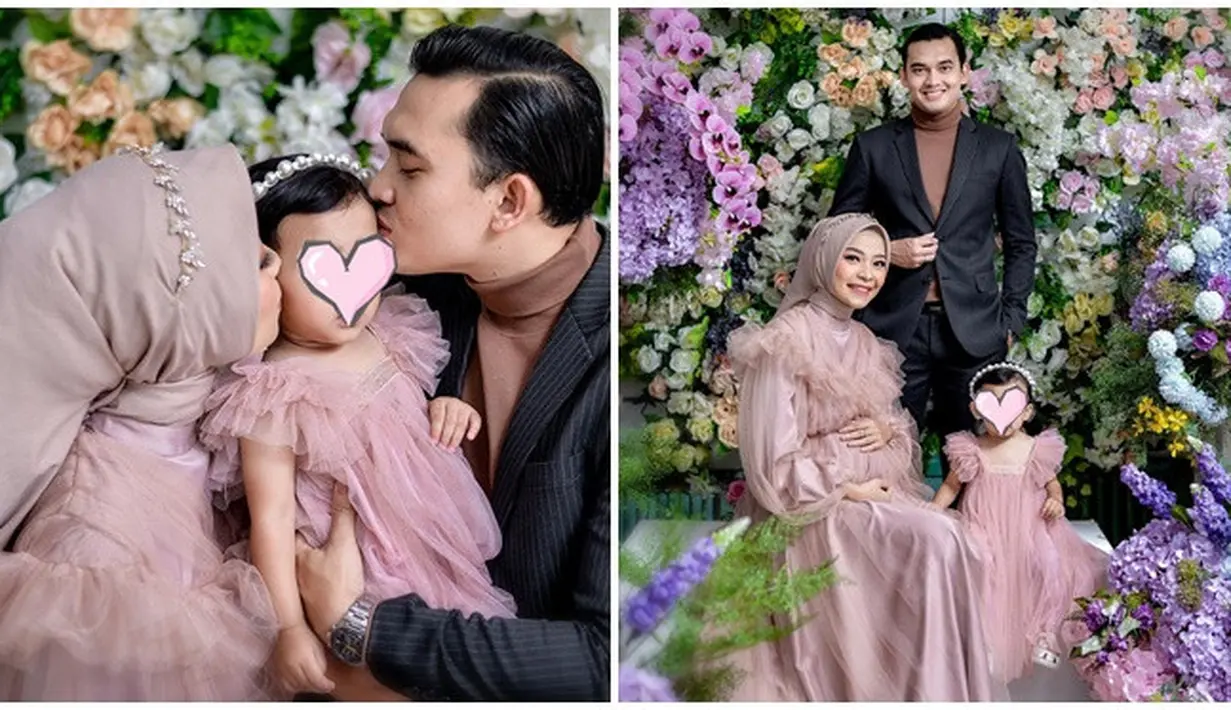 Setelah menggunakan outfit kasual warna cokelat, Novia Giana dan Ikbal Fauzi kemudian mengenakan outfit gaun dan setelan jas. Buah hatinya yang turut serta dalam pemotretan tersebut membuat netizen gemas dengan ekspresinya. Selaras dengan sang bunda sama-sama pakai bando, bando mutiara yang dikenakan Baby Latisya ini membuatnya semakin lucu dan cantik. (Liputan6.com/IG/@noviagianan)