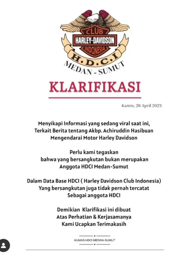 Harley Davidson Club Indonesia Medan-Sumut Klarifikasi AKBP Achiruddin Hasibuan