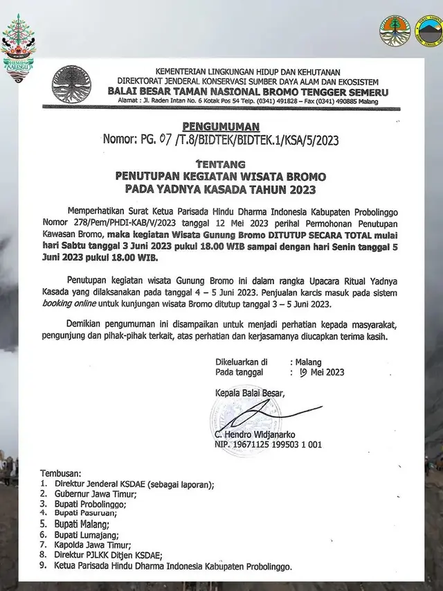 Pengumuman penutupan Wisata Bromo