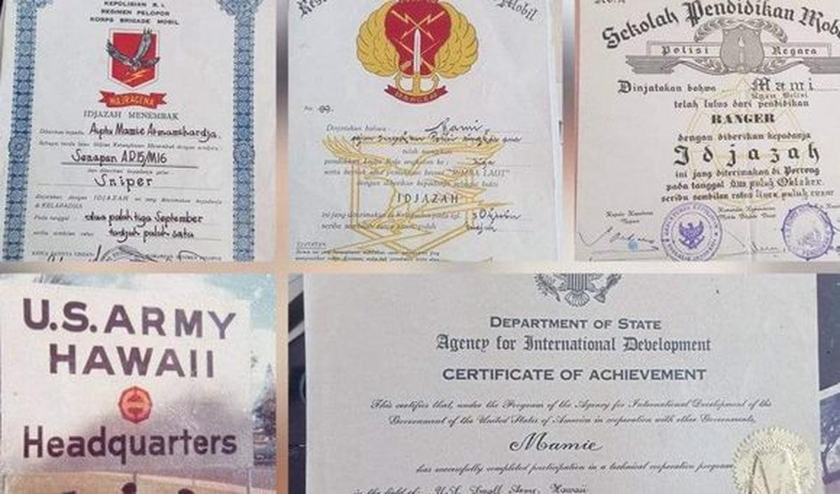 Salah satunya ialah ijazah pendidikan menembak yang menyatakan Mami telah lulus sebagai seorang sniper.