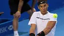 Ekspresi petenis asal Spanyol Rafael Nadal mengembalikan bola pukulan lawannya, petenis asal Jepang Yoshihito Nishioka dalam babak perempat final turnamen Meksiko Terbuka 2017 di Cancha Central, Acapulco, Kamis (2/3). (AP Photo/Enric Marti)